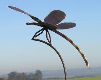 Large, tall dragonfly garden stake ornament  metal handcrafted sculpture statue art. Rustic Insect. Garden. Handmade in the UK.