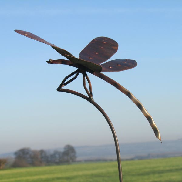 Large, tall dragonfly garden stake ornament  metal handcrafted sculpture statue art. Rustic Insect. Garden. Handmade in the UK.