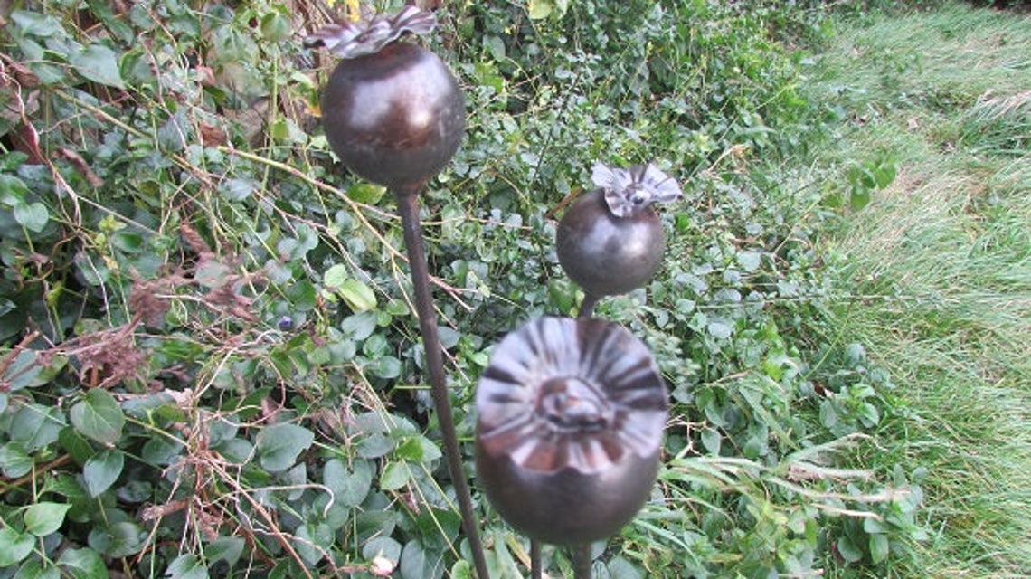 3 handcrafted rustic metal poppy seed heads sculpture garden Etsy