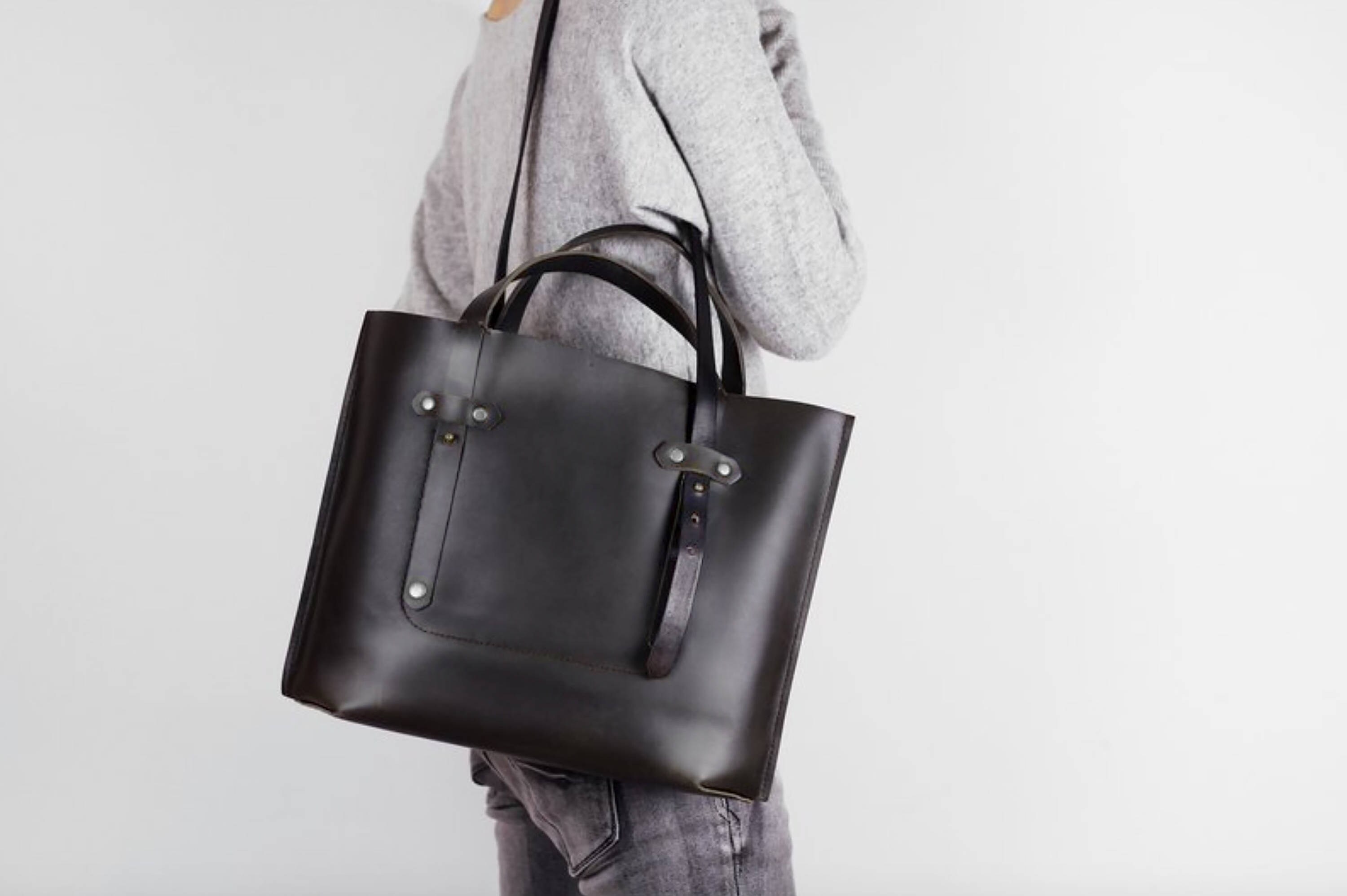 black leather laptop tote