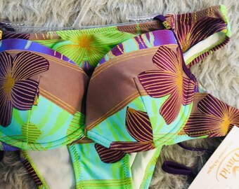 436/ Size L Retro Bikini Green Purple Golden Floral  Sexy Bikini Set Women's Vintage High Cut New Unworn Gift Free Shipping Deadstock