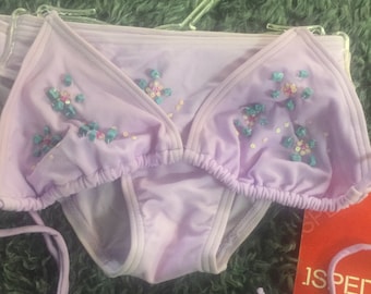 102 -  E.U Size M Medium Lilac Swimwear Women's Vintage New Beads Embroidered  Bikini  Gift  Retro Luxury Free shipping