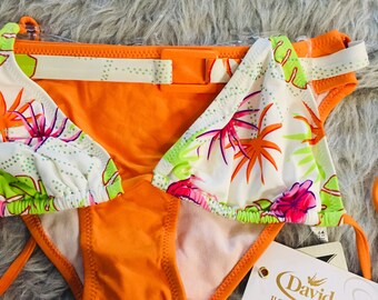 422/ Size M Retro Bikini Orange Floral Belted Sexy Bikini Set Women's Vintage High Cut New Unworn Gift Free Shipping Deadstock