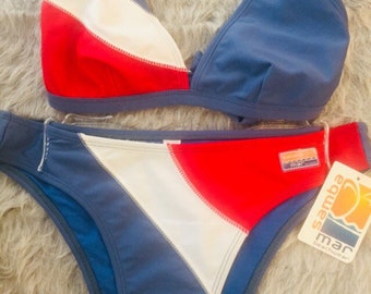 339 Size S Women's Retro Vintage Bikini Blue Red New Unworn Beach Gift Swimwear Quality Flaterring Worldwide Free Shipping Deadstock