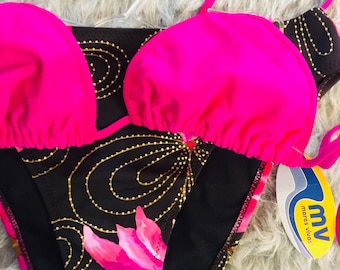 418-U.S Size XL Pink Brow Golden Embroidered Women's Vintage Bikini Swimsuit New Unworn Bikini Gift  Retro Deadstock Free Shipping