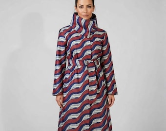 Randig vågmönstrad regnkappa - Hög krage med bälte, konstnärligt vågmönstrat vattentät lyxkappa | Modern designertrench med statement-mönster