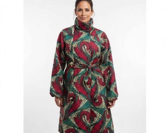 Tryckt kappa Regnkappa Hög krage Röd Grön Vattentät jacka Anpassningsbart mönster Lyxigt tryck Konstnärlig Elegant Designer Statement Trench
