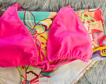 433/Mixed Size L-XL Retro Bikini Pink Floral Print Vintage New Unworn High Cut Swimwear Swimwear Bikini set  Gift Free Shipping Deadstock