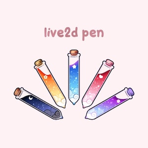 Könnte beinhalten: Illustration von fünf bunten Zaubertränken mit Korken, jede gefüllt mit einem anderen Farbverlauf und Design. Der Text "live2d pen" steht in Rosa über den Flaschen. Die Flaschen sind fächerförmig angeordnet.
