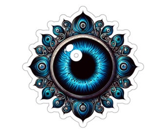 May include: A blue eye with intricate details, surrounded by a mandala-like design with blue and silver accents.