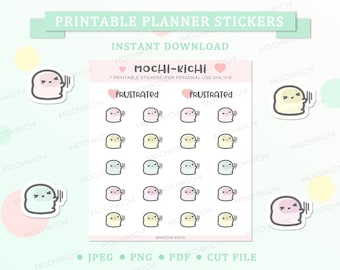 May include: A set of 15 printable planner stickers featuring a cartoon character with different facial expressions. The character is a light yellow, light green, light pink, or light blue color. The stickers are labeled "Frustrated".
