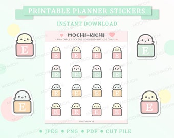 May include: Printable planner stickers featuring a cute cartoon character with a jar of cream. The stickers are in various pastel colors and have the letter "E" on them. The text "Mochi-Kichi" is at the bottom of the image.