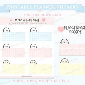 Puede incluir: Pegatinas imprimibles para planificador con lindas ilustraciones de fantasmas. Las pegatinas son de colores pastel y tienen un patrón de cuadrícula. El texto "Mochi-Kichi" y "Cajas funcionales" está incluido en la imagen.