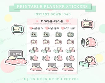 May include: Printable planner stickers featuring a pastel color scheme with a television and a person in a blanket watching TV. The stickers include phrases like "Watch TV" and "The End".