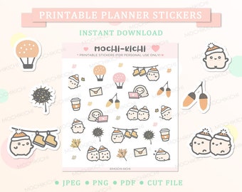 Può includere: Adesivi per planner stampabili con simpatici personaggi dei cartoni animati a tema autunnale. Gli adesivi includono una bevanda calda, ghiande, una mongolfiera, un fungo, un dente di leone, un paio di stivali e un personaggio con un cappello. Il testo "Mochi-Kichi" è incluso nell'immagine.