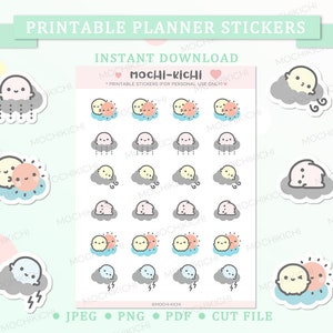Cute Weather Printable Planner Stickers/ Sunny Printable Planner Sticker/ Rainy Printable Planner Sticker/ Stormy/ Weather Printable Sticker