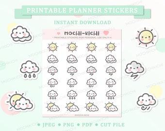 May include: Printable planner stickers featuring cute cartoon weather icons. The stickers include clouds, suns, and rain drops. The stickers are in a light pink, yellow, and gray color scheme. The text "Mochi-Kichi" is printed on the sheet.