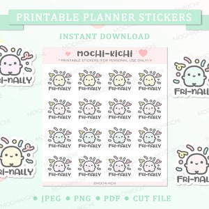 May include: Printable planner stickers featuring a cute ghost character with the text "Fri-Nally" in a variety of pastel colors. The stickers are designed for personal use only.
