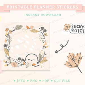Könnte beinhalten: Druckbare Planer-Aufkleber mit Herbst-Motiv. Die Aufkleber zeigen einen Kranz mit Blättern, Eicheln und einem Geist. Es gibt auch einen separaten Aufkleber mit einem Blatt. Der Text "Sticky Notes" befindet sich auf einem Aufkleber.