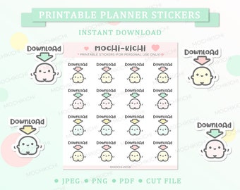 May include: A set of 20 printable planner stickers featuring cute ghost illustrations with the word "Download" in a pink, yellow, and blue color scheme. The stickers are designed for personal use only.