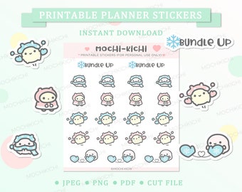 May include: Printable planner stickers featuring cute cartoon characters bundled together. The stickers are in a winter theme with characters wearing scarves and hats. The text "Bundle Up" appears twice on the sheet. The text "Mochi-Kichi" appears at the top of the sheet.
