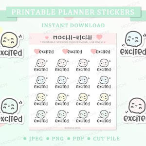 Adesivo de planejador para impressão animado fofo/ Adesivo de planejador para impressão feliz/ Adesivo de planejador para impressão emocionante/ Emoji/ Download digital/ P0118