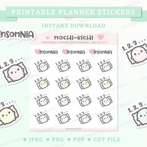 May include: Printable planner stickers featuring a cute cartoon ghost with the text "1.2.3..." and the word "Insomnia" in a pink heart. The stickers are designed in a pastel color scheme with pink, yellow, and green accents.