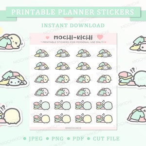 May include: Printable planner stickers featuring cute cartoon characters with pastel colors and a Mochi-Kichi logo. The stickers include a character wearing a pile of clothes, a character with a question mark, and a character with a pile of clothes and a question mark.