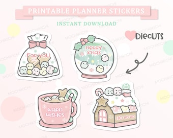 May include: Four printable Christmas planner stickers featuring cute cartoon characters. The stickers include a gift bag filled with presents, a snow globe with a winter scene, a gingerbread house, and a mug of hot chocolate.