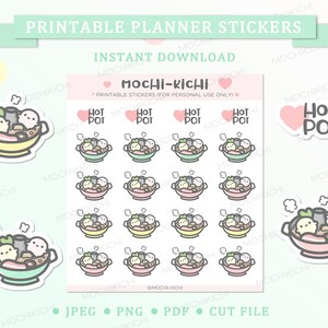 Könnte beinhalten: Druckbare Planer-Aufkleber mit einer niedlichen Cartoon-Illustration eines Hot Pots mit verschiedenen Zutaten. Die Aufkleber sind mit "Hot Pot" beschriftet und perfekt, um Ihrem Planer einen Hauch von Verspieltheit zu verleihen.