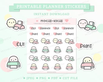 May include: Printable planner stickers featuring cute cartoon characters with printers. The stickers are in pastel colors and include text such as "Cut", "Laminate", and "Print". The design is labeled "Mochi-Kichi" and is available for instant download.