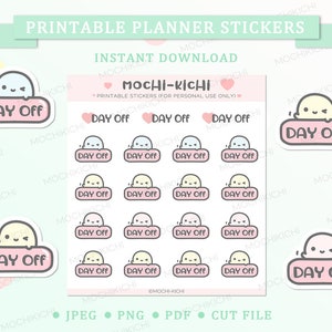 May include: Printable planner stickers featuring a cute ghost character with the text "Day Off" in pink and white. The stickers are designed in a pastel color scheme with a pink, yellow, and blue color palette.