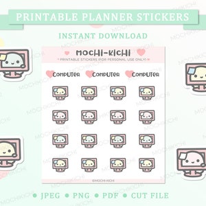 May include: Printable planner stickers featuring a cute cartoon computer with a sticky note. The stickers are in various pastel colors and come in a set of 12. The text on the image reads "Mochi-Kichi Printable Stickers (for personal use only)" and "Computer".