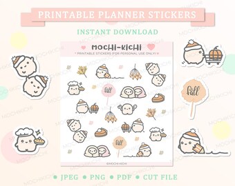 Può includere: Adesivi per planner stampabili con simpatici personaggi dei cartoni animati a tema autunnale. Gli adesivi includono immagini di zucche, torte, foglie e la parola "autunno".
