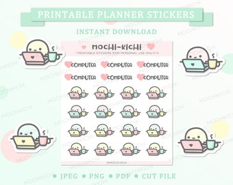 May include: Printable planner stickers featuring a cute cartoon character using a laptop. The stickers are in pastel colors and have the text "Computer" on them. The stickers are available in JPEG, PNG, PDF, and cut file formats.