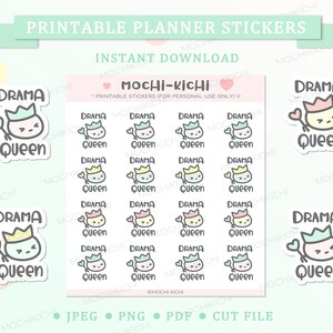 Adesivo de planejador para impressão Cute Drama Queen / Adesivo de planejador para impressão Emoji / Adesivo de planejador para impressão Mochikichi / Download digital / P0121