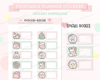 May include: Printable planner stickers with a Christmas theme. The stickers feature cute illustrations of a house, Christmas tree, mitten, gift bag, snow globe, stocking, and a gingerbread man. The stickers are on a pink background with white polka dots.