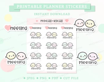 May include: Printable planner stickers featuring cute cartoon characters with the word "Meeting" in a pink heart and a speech bubble. The stickers are designed in pastel colors and are perfect for organizing your schedule.