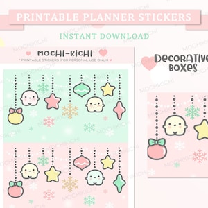 May include: Printable planner stickers featuring a cute cartoon character with a pink and green color scheme. The stickers include a variety of Christmas ornaments, snowflakes, and stars. The text "Mochi-Kichi" and "Decorative Boxes" is included on the stickers.