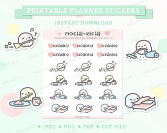 May include: Printable planner stickers featuring a cute ghost character in various cleaning activities, including sweeping, vacuuming, and making beds. The stickers are pink, yellow, and blue with the text "Cleaning" and "Mochi-Kichi" on the sheet.