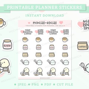 May include: Printable planner stickers featuring a cute cartoon character making dalgona coffee. The stickers include a jar of sugar, coffee bags, a whisk, and a cup of dalgona coffee. The stickers are in pastel pink, blue, and yellow colors.
