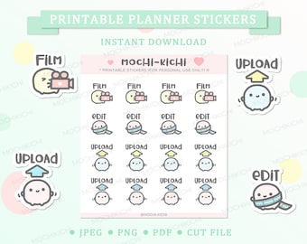 May include: Printable planner stickers featuring cute cartoon characters with various themes, including "Film", "Edit", and "Upload". The stickers are designed in a pastel color palette with a light green background.