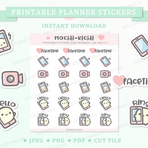 May include: Printable planner stickers with illustrations of smartphones, cameras, and speech bubbles with the words "Hello", "Ring", and "FaceTime". The stickers are in pastel pink, blue, and yellow.