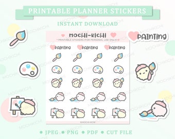 May include: Printable planner stickers featuring a cute cartoon character with a paintbrush and palette. The stickers are in pink, blue, and yellow colors and have the text "Painting" on them. The stickers are for personal use only.
