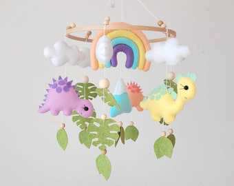 Dinosaur mobile for nursery, rainbow cloud baby mobile, crib mobile