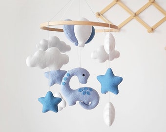 Dinosaur mobile, blue mobile, dino nursery decor, stars and cloud  felt mobile, air balloon mobile, newborn nursery decor, custom baby gift