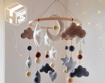 Baby mobile neutral, clouds and stars nursery decor, gift for new baby