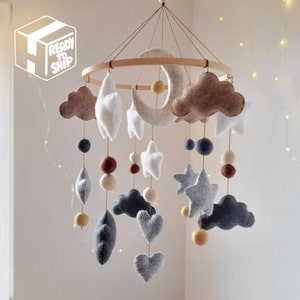 Baby mobile neutral, clouds and stars nursery decor, gift for new baby