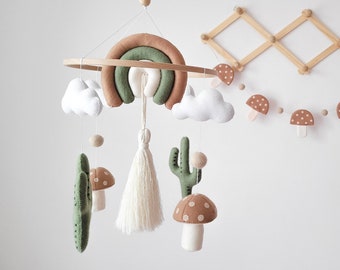 Mushroom crib mobile, baby crib mobile, cactus nursery decor, baby mobile, hanging mobile, felt baby mobile