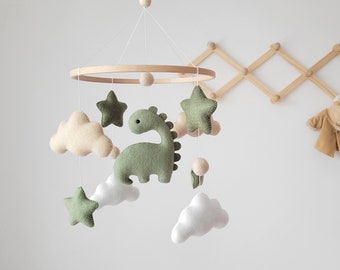 Dinosaur mobile, dino nursery decor, personalized mobile with cute dinosaur, felt baby mobile, small baby mobile with clouds, baby mobile